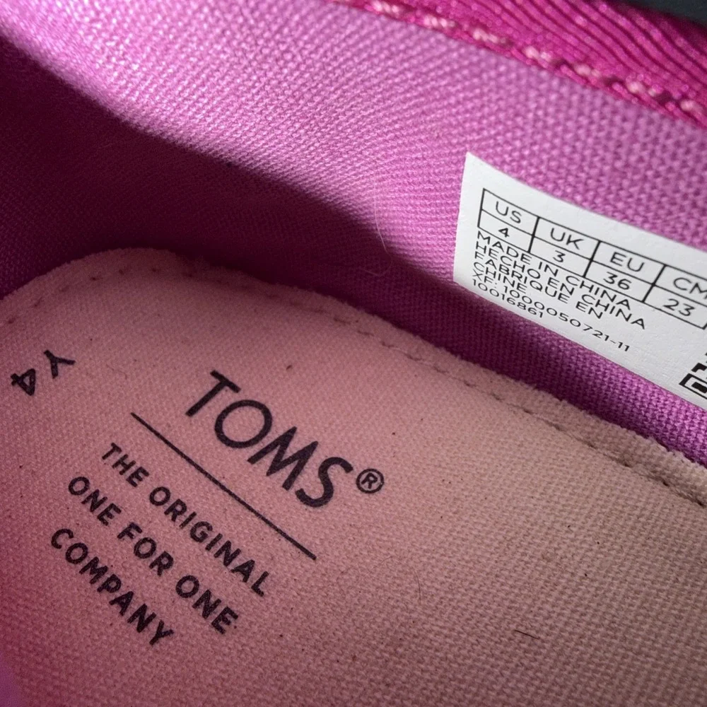 TOMS Girls Pink & Purple Glitter Slip On Canvas Alpargata Shoe Size 4 Youth